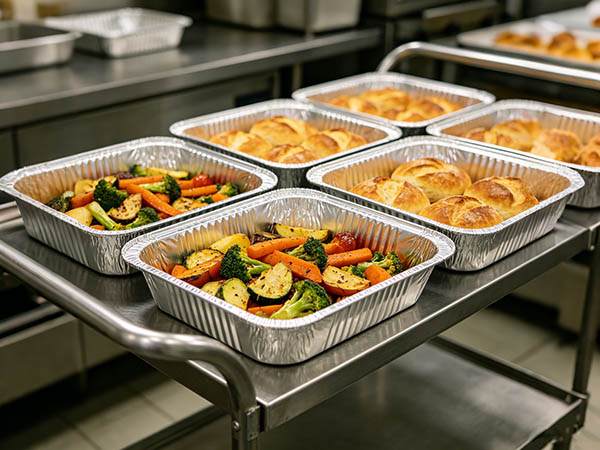 Wrinkle wall aluminium trays used in bakery and catering operations for baking roasting and bulk food transport