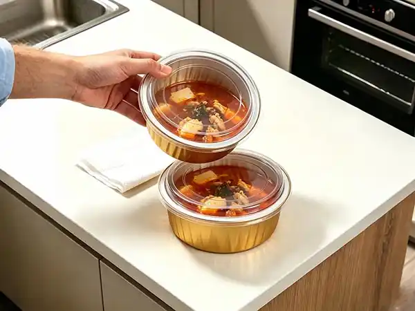 Sealed smooth wall aluminium container holding liquid food without leakage demonstrating seal integrity for delivery