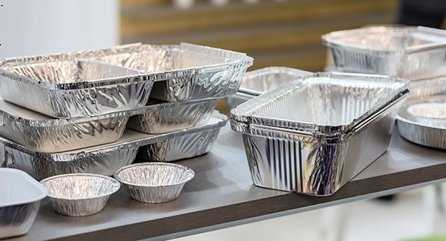 Wrinkle wall aluminium containers in round and rectangular shapes showcasing corrugated sidewalls for food delivery and catering